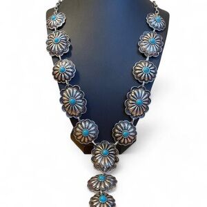 Turquoise Western Floral Necklace with Silver Accents
